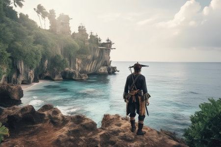pirate exploring ancient ruins on tropical island, with view of the ocean in the background, created with generative aiの素材