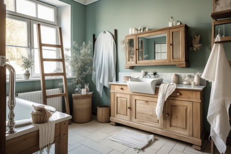 shabby chic bathroom with wooden vanity, metal fixtures and luxurious towels, created with generative aiの素材