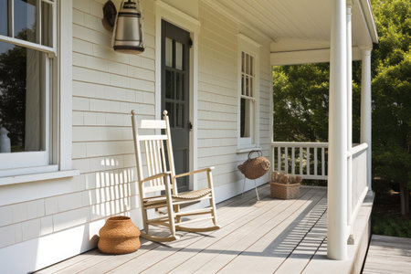 front porch of cape cod house, with rocking chair and lantern, providing a cozy and inviting space, created with generative aiの素材