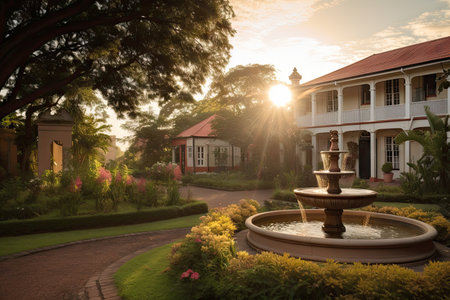 colonial house, with view of manicured garden and fountain, during sunset, created with generative aiの素材