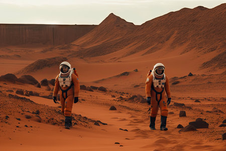two astronauts exploring the red dunes of colonized mars, created with generative aiの素材