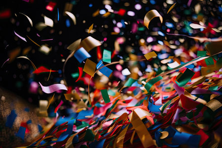 close-up of colorful confetti swirling in the air, created with generative aiの素材