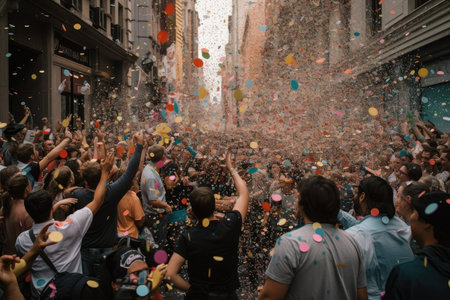 colorful confetti being thrown into the air by crowd of people, created with generative aiの素材
