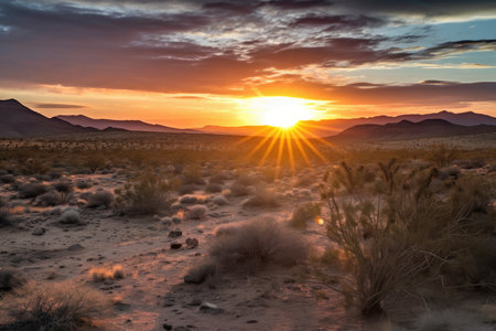 desert sunrise, with the sun peeking over the horizon, illuminating a dramatic and colorful sky, created with generative aiの素材