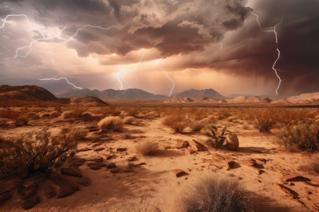 stormy desert with lightning and thunderbolts, created with generative aiの素材