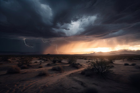 desert storm with dark clouds and lightning, in the background of a setting sun, created with generative aiの素材