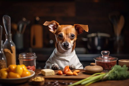 dog chef, mixing up fresh and creative mixture of ingredients for new recipe, created with generative aiの素材