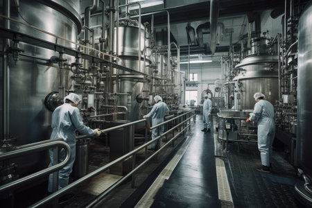 inside a processing plant, with workers carrying out various extraction and refining processes, created with generative aiの素材