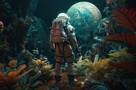 intergalactic traveler exploring unknown planet, surrounded by strange and foreign flora and fauna, created with generative aiの素材