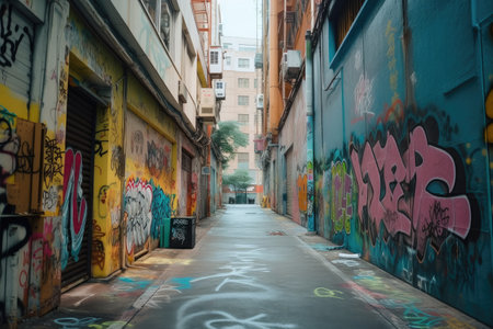lofi city street with colorful graffiti, adding unique element to the photo, created with generative aiの素材