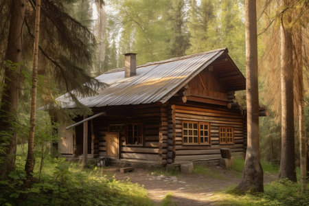 log cabin in beautiful forest surrounded by trees, created with generative aiの素材