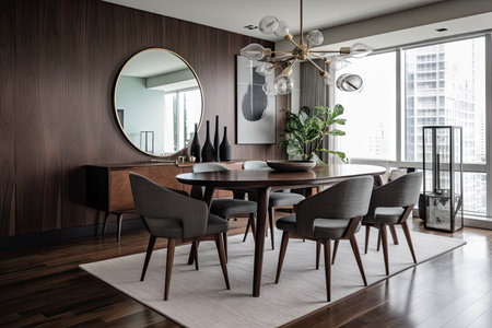 mid-century modern dining room with sleek lines and geometric shapes, created with generative aiの素材