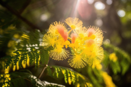 mimosa flower in full bloom, with sunlight shining through its petals, created with generative aiの素材