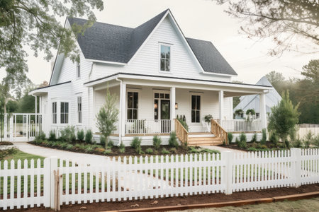 modern farmhouse with wrap-around porch, picket fence and garden, created with generative aiの素材
