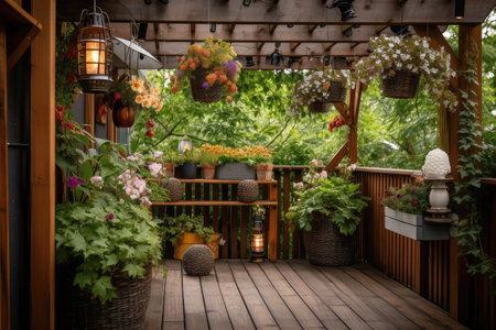 pergola with hanging lanterns and vases of flowers on a deck, created with generative aiの素材