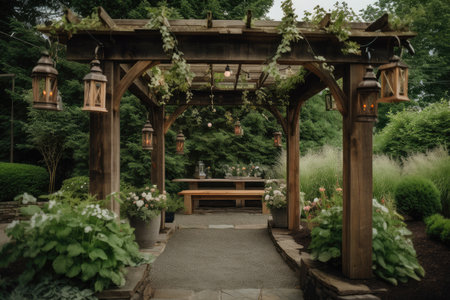 rustic wooden pergola with hanging lanterns, surrounded by greenery and flowers, created with generative aiの素材