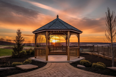 pergola and gazebo against a sunset sky, created with generative aiの素材