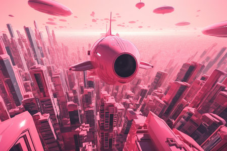 pink futuristic scene with flying spacecraft and detailed cityscape, created with generative aiの素材