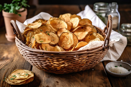 hand-cut potatoes chips, with the skin left on, served in basket, created with generative aiの素材