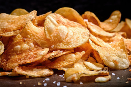 close-up of pile of crunchy and salty chips, created with generative aiの素材