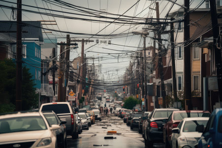 power line hanging dangerously above a busy street, created with generative aiの素材