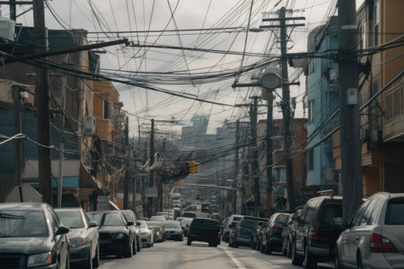 power line hanging dangerously above a busy street, created with generative aiの素材