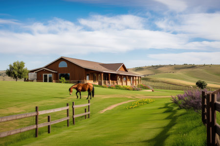 ranch house exterior, with view of rolling hills and pastures filled with horses, created with generative aiの素材