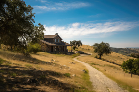 ranch house with panoramic view of valley and rolling hills, created with generative aiの素材