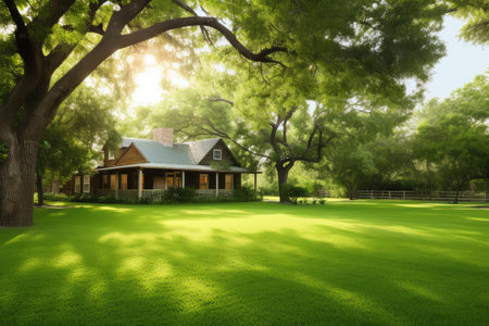 ranch house with lush green lawn surrounded by trees, created with generative aiの素材