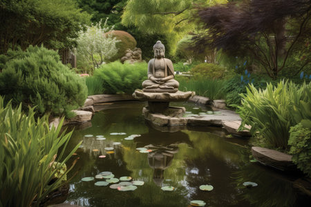 peaceful garden with meditative sculpture and serene pond, created with generative aiの素材