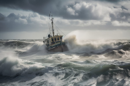 fishing boat fleeing tsunami waves in stormy sea, created with generative aiの素材