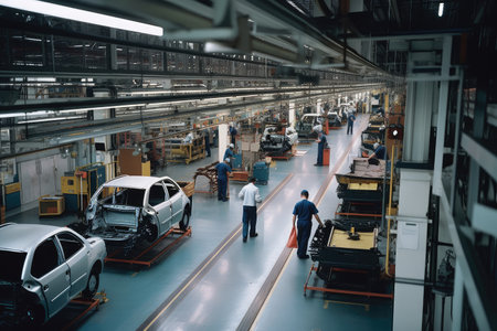 automotive factory, bustling with activity and workers manufacturing cars, created with generative aiの素材