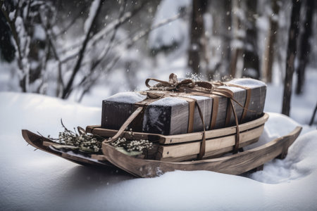 traditional wooden sled with wrapped gifts in a snowy winter setting, created with generative aiの素材
