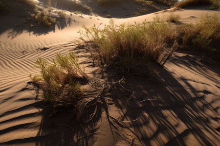 desert dunes in the sunset, with golden light and clouds, created with generative aiの素材