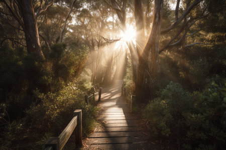 sunlight shining through the trees onto duckboards path, created with generative aiの素材