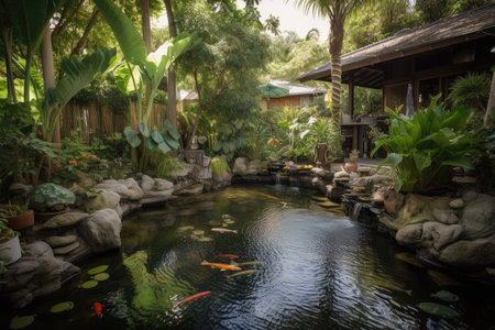 lush garden with water feature and koi fish swimming in pools, created with generative aiの素材