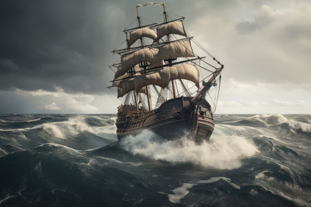 pirate ship sailing on stormy sea, with waves crashing against the hull, created with generative aiの素材