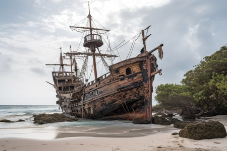 pirate ship, deserted and decaying on deserted island, created with generative aiの素材