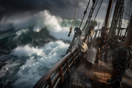 pirate ship in storm, waves crashing against the deck, created with generative aiの素材