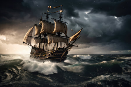pirate ship on stormy sea, with lightning and thunder in the background, created with generative aiの素材