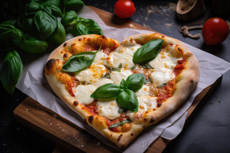 heart-shaped pizza slice with extra mozzarella cheese and basil, created with generative aiの素材