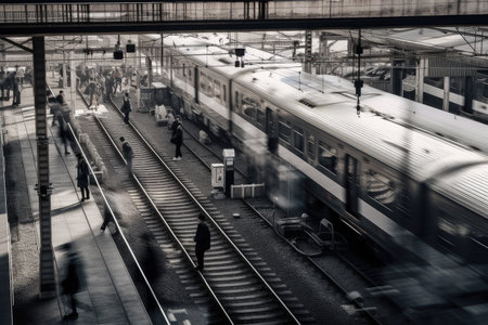 close-up of the train station, with people and trains in motion, created with generative aiの素材