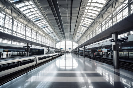 modern train station, with sleek lines and high-tech features, bustling with passengers, created with generative aiの素材