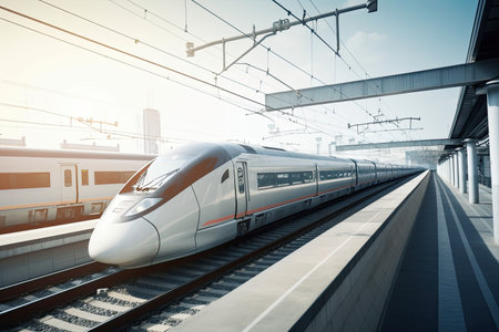 modern transport system, with high-speed trains and sleek stations, transporting people across the country, created with generative aiの素材