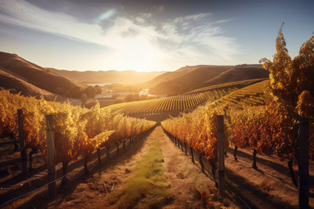 vineyards with autumn sun shining through the grapevines and onto the rolling hills, created with generative aiの素材