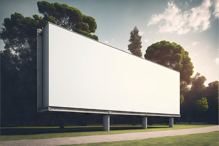 Big blank billboard mockup stands in park near trees, created with generative aiの素材