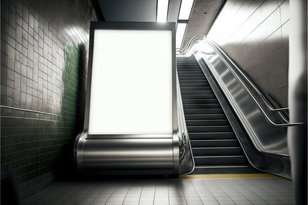 Blank billboard mockup for information next to stairs at subway station, created with generative aiの素材