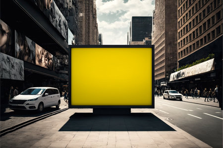 Yellow blank billboard mockup for advertising in middle of roadway in city, created with generative aiの素材
