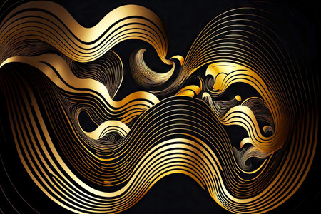shining gold and black waves pattern, created with generative aiの素材