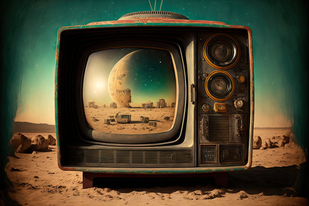 Outer space with planets and stars inside old TV set, created with generative aiの素材
